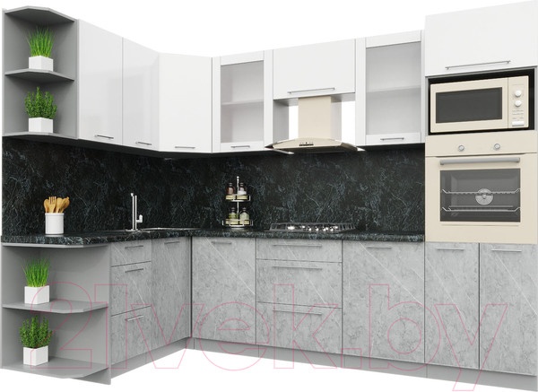 Изображение товара Кухонный гарнитур Интерлиния Мила Пластик 1.68x2.8 левая (мрамор/белый глянец/кастилло темный)