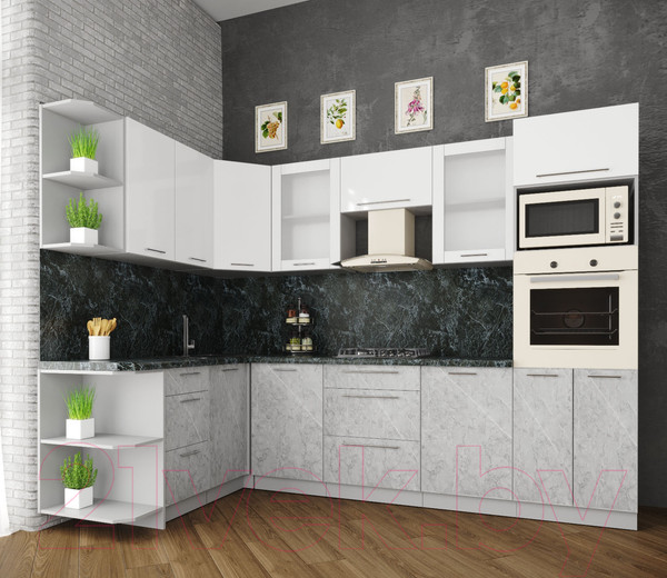 Изображение товара Кухонный гарнитур Интерлиния Мила Пластик 1.68x2.8 левая (мрамор/белый глянец/кастилло темный)