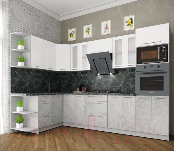 Изображение товара Кухонный гарнитур Интерлиния Мила Пластик 1.68x3.0 левая (мрамор/белый глянец/кастилло темный)