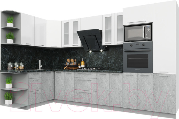 Изображение товара Кухонный гарнитур Интерлиния Мила Пластик 1.68x3.4 левая (мрамор/белый глянец/кастилло темный)