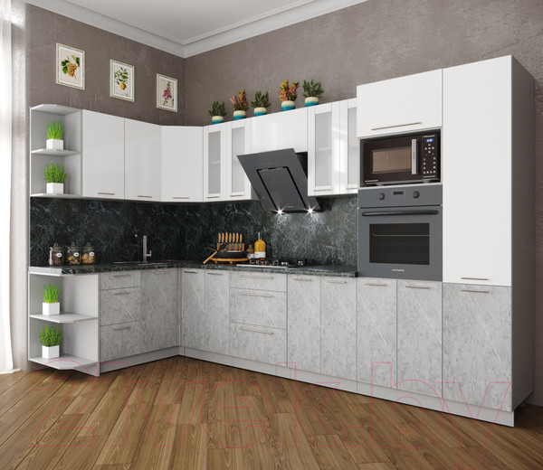 Изображение товара Кухонный гарнитур Интерлиния Мила Пластик 1.68x3.4 левая (мрамор/белый глянец/кастилло темный)