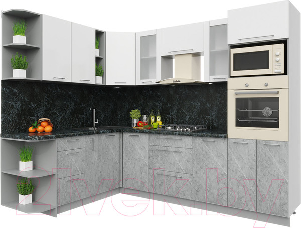 Изображение товара Кухонный гарнитур Интерлиния Мила Пластик 1.88x2.6 левая (мрамор/белый глянец/кастилло темный)