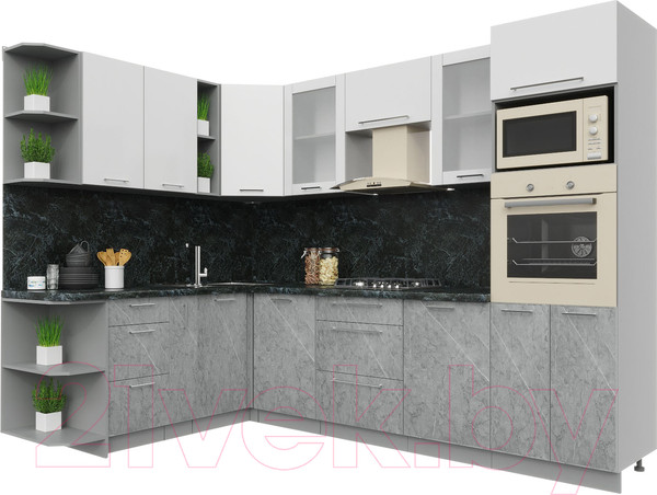 Изображение товара Кухонный гарнитур Интерлиния Мила Пластик 1.88x2.8 левая (мрамор/белый глянец/кастилло темный)
