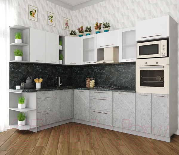 Изображение товара Кухонный гарнитур Интерлиния Мила Пластик 1.88x2.8 левая (мрамор/белый глянец/кастилло темный)