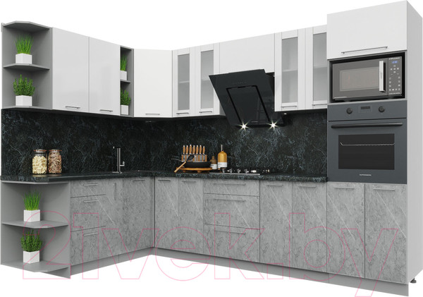Изображение товара Кухонный гарнитур Интерлиния Мила Пластик 1.88x3.0 левая (мрамор/белый глянец/кастилло темный)