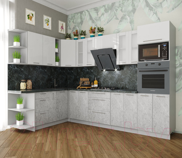 Изображение товара Кухонный гарнитур Интерлиния Мила Пластик 1.88x3.0 левая (мрамор/белый глянец/кастилло темный)