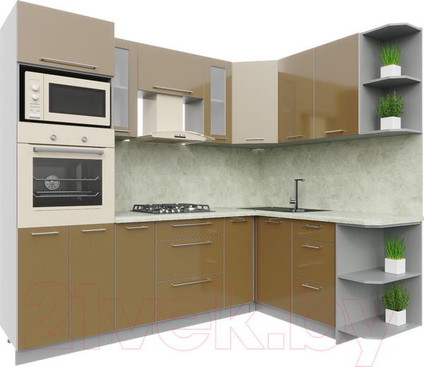 Изображение товара Кухонный гарнитур Интерлиния Мила Пластик 1.68x2.4 правая (капучино/капучино глянец/опал светлый)