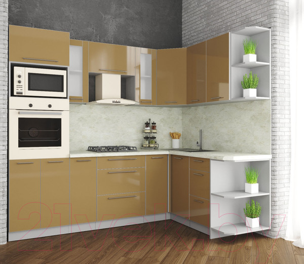 Изображение товара Кухонный гарнитур Интерлиния Мила Пластик 1.68x2.4 правая (капучино/капучино глянец/опал светлый)