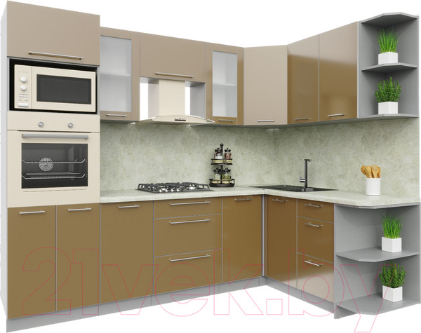 Изображение товара Кухонный гарнитур Интерлиния Мила Пластик 1.68x2.6 правая (капучино/капучино глянец/опал светлый)