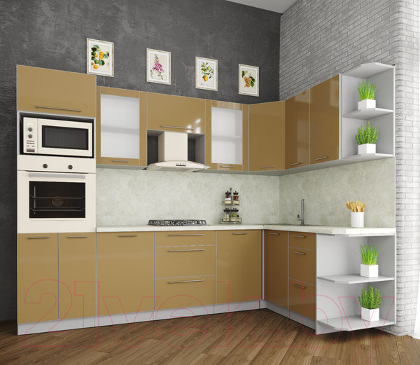 Изображение товара Кухонный гарнитур Интерлиния Мила Пластик 1.68x2.8 правая (капучино/капучино глянец/опал светлый)