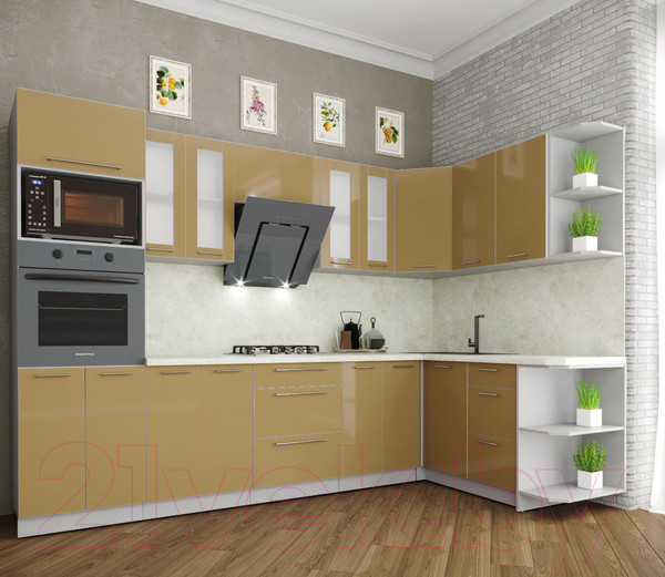 Изображение товара Кухонный гарнитур Интерлиния Мила Пластик 1.68x3.0 правая (капучино/капучино глянец/опал светлый)