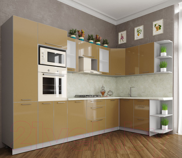 Изображение товара Кухонный гарнитур Интерлиния Мила Пластик 1.68x3.2 правая (капучино/капучино глянец/опал светлый)