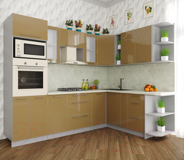 Изображение товара Кухонный гарнитур Интерлиния Мила Пластик 1.88x2.6 правая (капучино/капучино глянец/опал светлый)