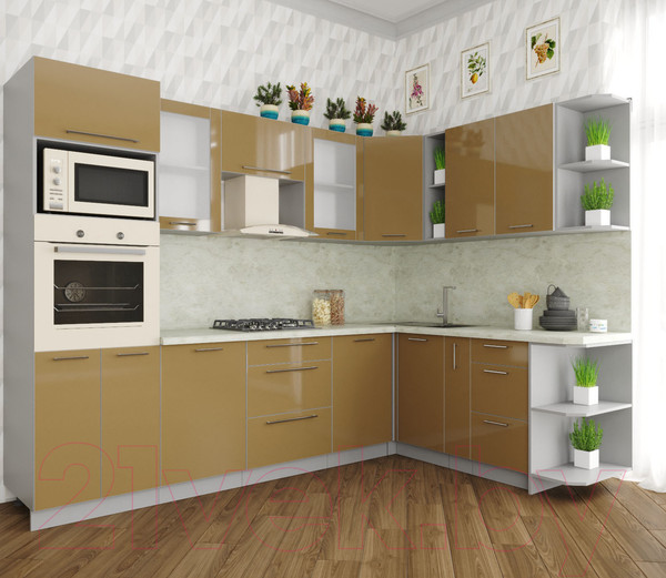 Изображение товара Кухонный гарнитур Интерлиния Мила Пластик 1.88x2.8 правая (капучино/капучино глянец/опал светлый)