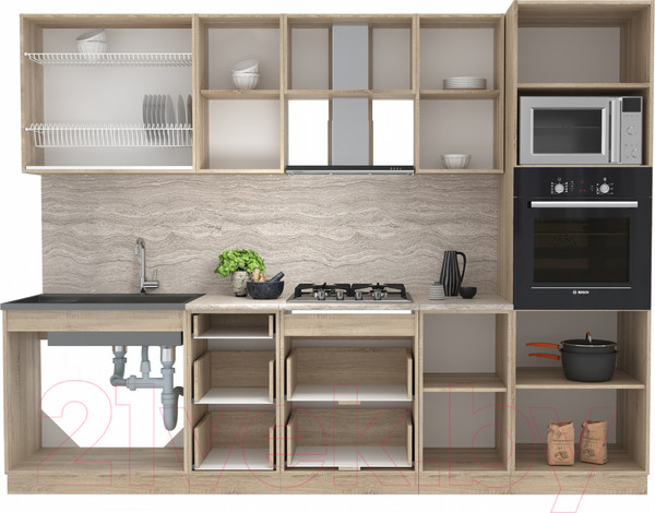 Изображение товара Кухонный гарнитур Интерлиния Мила 2.8 ВТ (вудлайн кремовый/вудлайн кремовый/опал светлый)