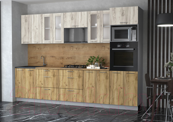 Изображение товара Кухонный гарнитур Интерлиния Мила 3.0 ВТ (дуб белый/дуб золото/дуб бунратти)