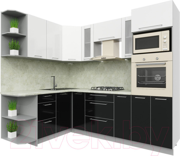 Изображение товара Кухонный гарнитур Интерлиния Мила Пластик 1.68x2.4 левая (черный/белый глянец/опал светлый)