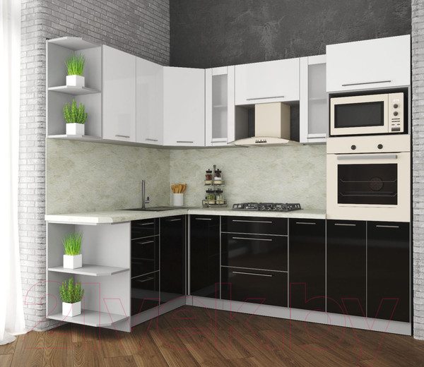 Изображение товара Кухонный гарнитур Интерлиния Мила Пластик 1.68x2.4 левая (черный/белый глянец/опал светлый)