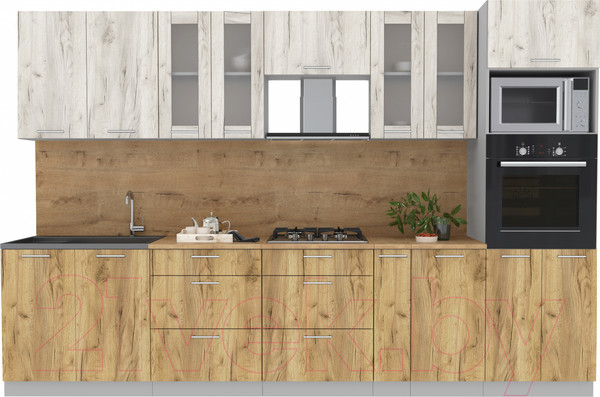 Изображение товара Кухонный гарнитур Интерлиния Мила 3.2 ВТ (дуб белый/дуб золотой/дуб бунратти)