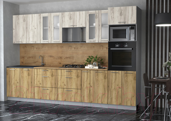 Изображение товара Кухонный гарнитур Интерлиния Мила 3.2 ВТ (дуб белый/дуб золотой/дуб бунратти)