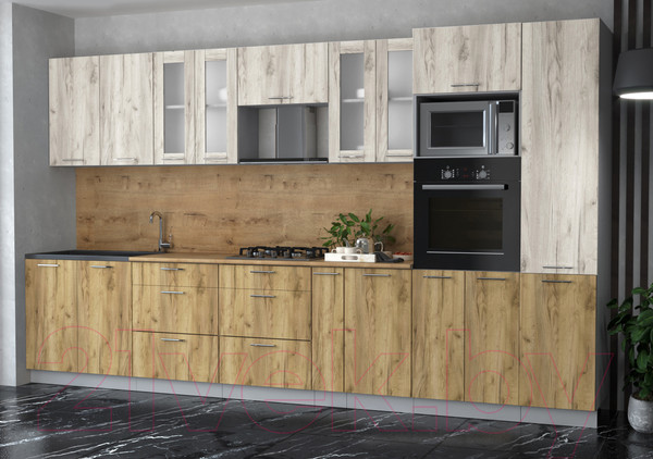 Изображение товара Кухонный гарнитур Интерлиния Мила 3.6 ВТ (дуб белый/дуб золото/дуб бунратти)