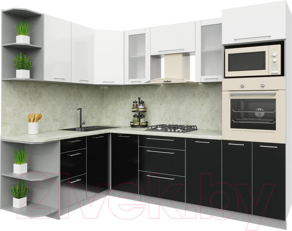 Изображение товара Кухонный гарнитур Интерлиния Мила Пластик 1.68x2.6 левая (черный/белый глянец/опал светлый)