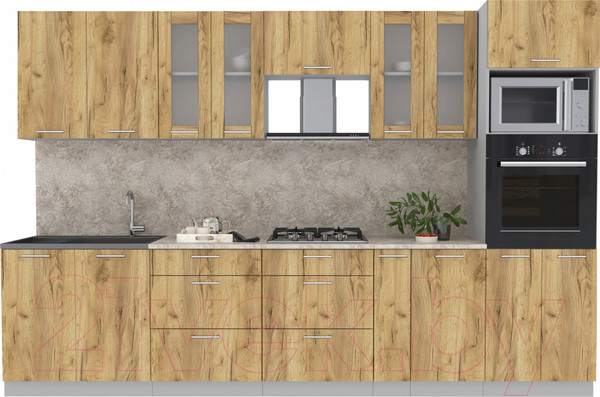 Изображение товара Кухонный гарнитур Интерлиния Мила 3.2 ВТ (дуб золотой/дуб золотой/опал светлый)
