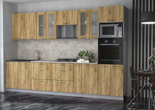 Изображение товара Кухонный гарнитур Интерлиния Мила 3.2 ВТ (дуб золотой/дуб золотой/опал светлый)