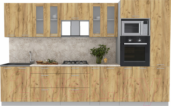 Изображение товара Кухонный гарнитур Интерлиния Мила 3.4 ВТ (дуб золотой/дуб золотой/опал светлый)