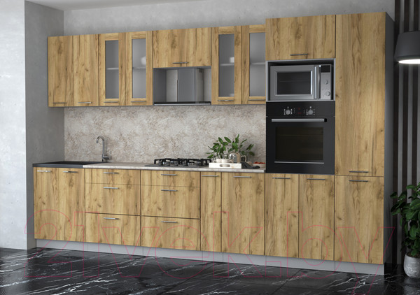 Изображение товара Кухонный гарнитур Интерлиния Мила 3.4 ВТ (дуб золотой/дуб золотой/опал светлый)