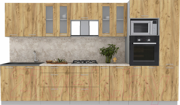 Изображение товара Кухонный гарнитур Интерлиния Мила 3.6 ВТ (дуб золотой/дуб золотой/опал светлый)