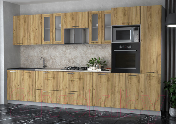 Изображение товара Кухонный гарнитур Интерлиния Мила 3.6 ВТ (дуб золотой/дуб золотой/опал светлый)