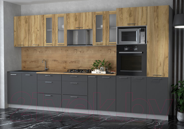 Изображение товара Кухонный гарнитур Интерлиния Мила 3.6 ВТ (дуб золотой/антрацит/дуб бунратти)