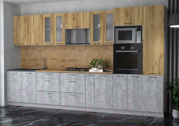 Изображение товара Кухонный гарнитур Интерлиния Мила 3.6 ВТ (дуб золотой/бетон/дуб бунратти)