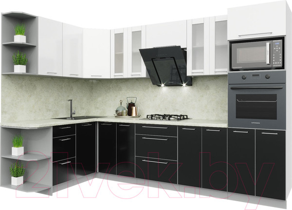 Изображение товара Кухонный гарнитур Интерлиния Мила Пластик 1.68x3.0 левая (черный/белый глянец/опал светлый)