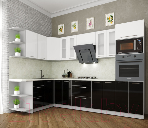 Изображение товара Кухонный гарнитур Интерлиния Мила Пластик 1.68x3.0 левая (черный/белый глянец/опал светлый)