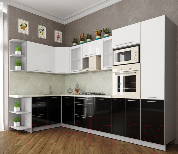 Изображение товара Кухонный гарнитур Интерлиния Мила Пластик 1.68x3.2 левая (черный/белый глянец/опал светлый)