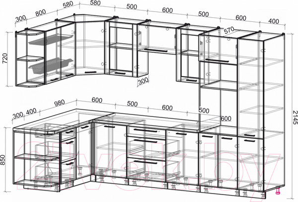 Изображение товара Кухонный гарнитур Интерлиния Мила Пластик 1.68x3.2 левая (черный/белый глянец/опал светлый)