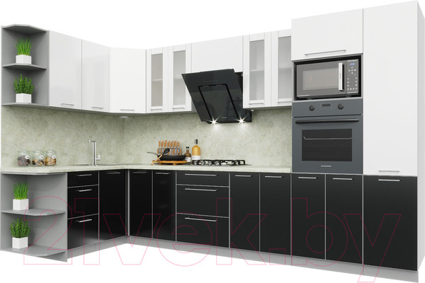 Изображение товара Кухонный гарнитур Интерлиния Мила Пластик 1.68x3.4 левая (черный/белый глянец/опал светлый)