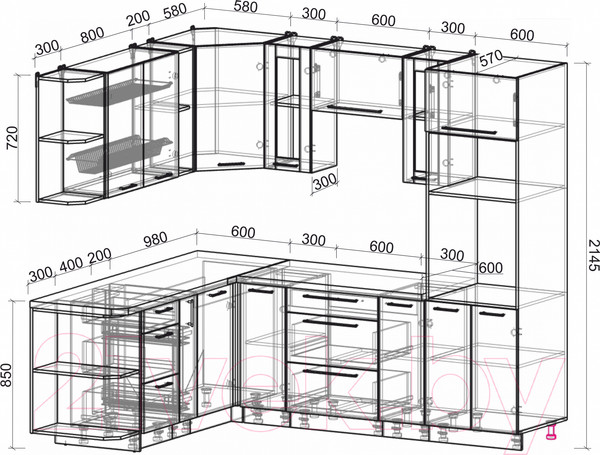 Изображение товара Кухонный гарнитур Интерлиния Мила Пластик 1.88x2.4 левая (черный/белый глянец/опал светлый)