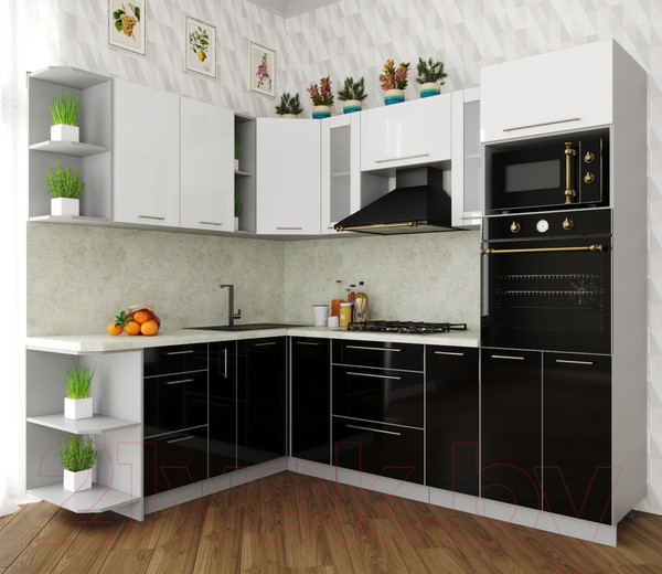 Изображение товара Кухонный гарнитур Интерлиния Мила Пластик 1.88x2.4 левая (черный/белый глянец/опал светлый)