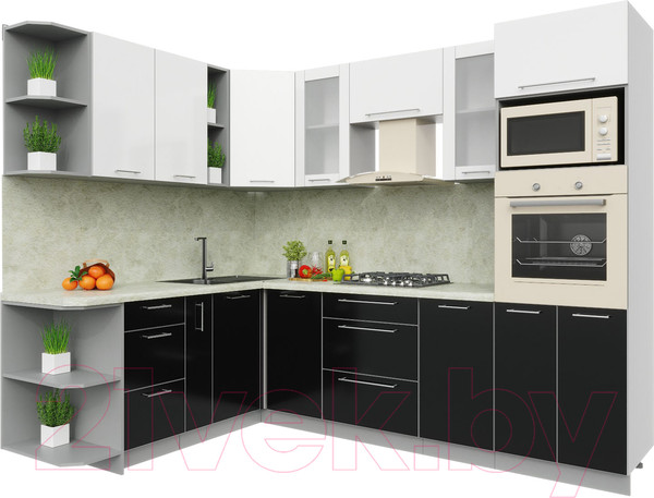 Изображение товара Кухонный гарнитур Интерлиния Мила Пластик 1.88x2.6 левая (черный/белый глянец/опал светлый)