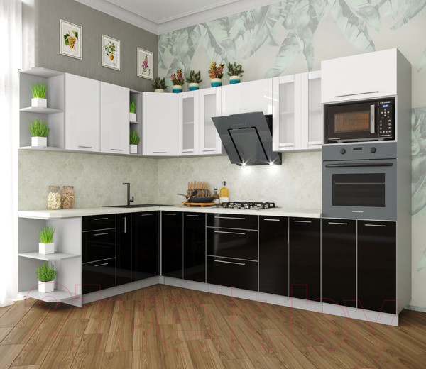 Изображение товара Кухонный гарнитур Интерлиния Мила Пластик 1.88x3.0 левая (черный/белый глянец/опал светлый)