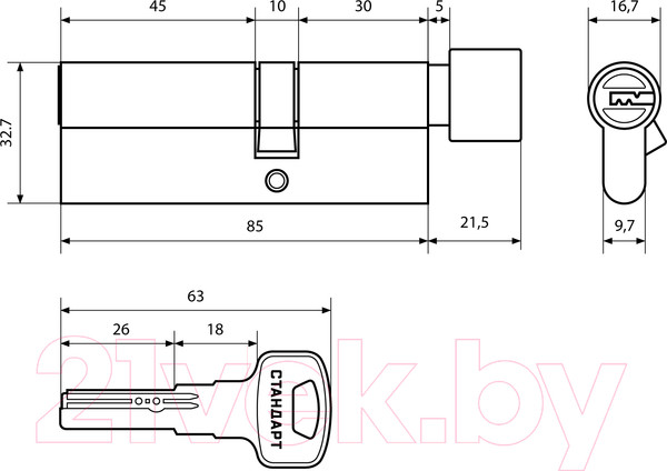 Изображение товара Цилиндровый механизм замка Стандарт F-02 85 CP (30Bx10x45, хром)