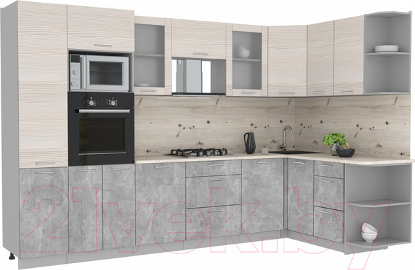 Изображение товара Кухонный гарнитур Интерлиния Мила 1.68x3.2 правая (вудлайн кремовый/бетон/бискайская сосна)