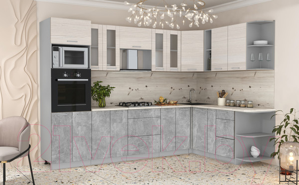 Изображение товара Кухонный гарнитур Интерлиния Мила 1.88x3.0 правая (вудлайн кремовый/бетон/бискайская сосна)