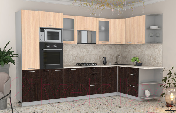 Изображение товара Кухонный гарнитур Интерлиния Мила 1.68x3.2 правая (дуб молочный/дуб венге/опал светлый)