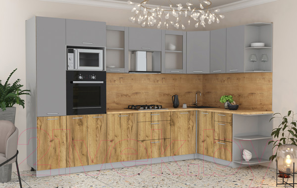 Изображение товара Кухонный гарнитур Интерлиния Мила 1.68x3.2 правая (серебристый/дуб золотой/дуб бунратти)