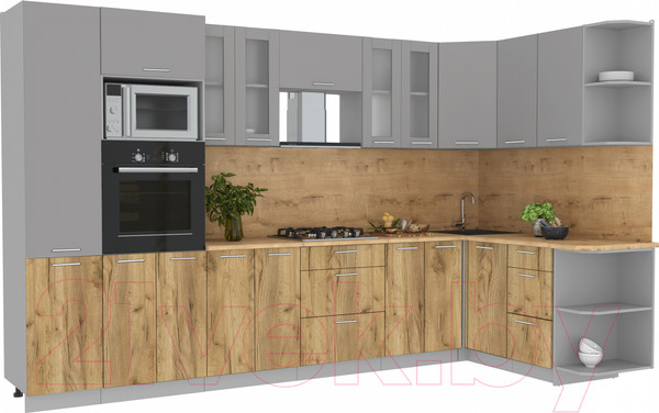 Изображение товара Кухонный гарнитур Интерлиния Мила 1.68x3.4 правая (серебристый/дуб золотой/дуб бунратти)