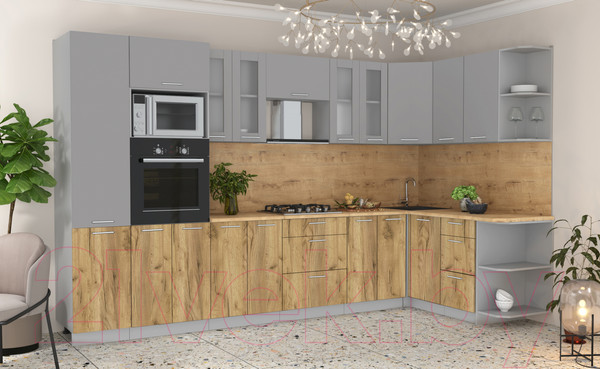 Изображение товара Кухонный гарнитур Интерлиния Мила 1.68x3.4 правая (серебристый/дуб золотой/дуб бунратти)